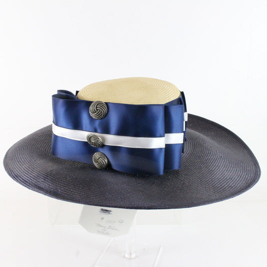 Chapeau Creations Large Cartwheel Ruth Kropyeld Blue & White 6 7/8 55cm