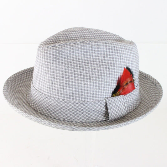 Bee Hats St Louis Gray White Plaid Feather Fedora Mens OR Womens Hat 6 7/8 54cm