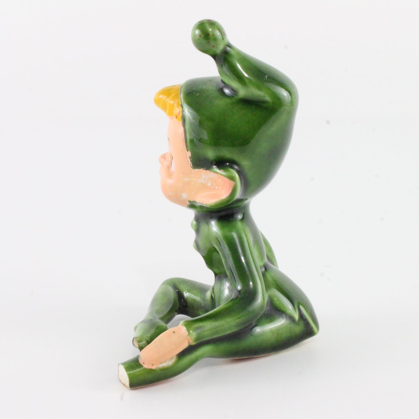 Vintage Ceramic Pixie In Green Elf Suit W/ Hat Sitting Cross Leg Japan 3.25 In