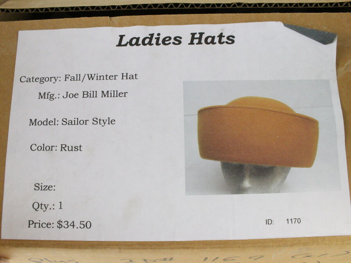 Joe Bill Miller Ladies Wool Felt Rust Orange Sailor Style Hat 7 1/4 58cm