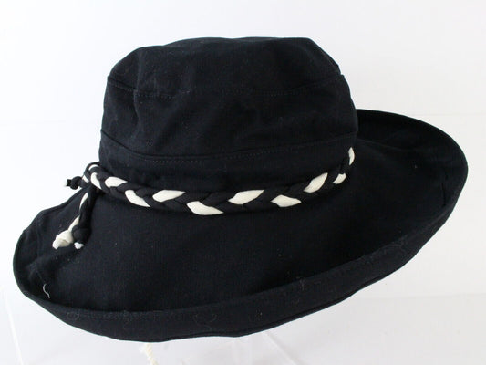 Top Cover Australian Ladies Hat Black Canvas W/ Black White Braid Larger 7 3/8