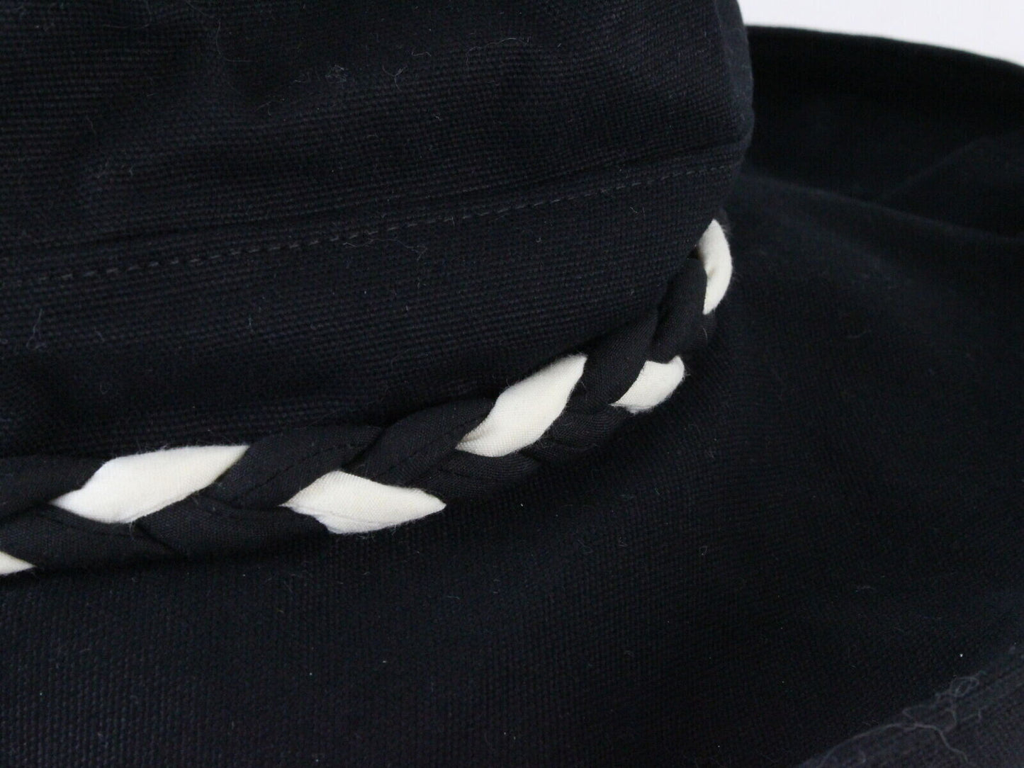 Top Cover Australian Ladies Hat Black Canvas W/ Black White Braid Larger 7 3/8