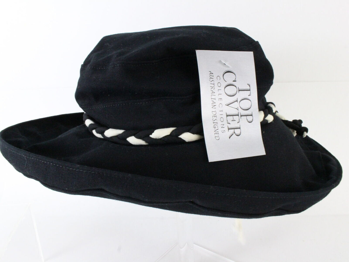 Top Cover Australian Ladies Hat Black Canvas W/ Black White Braid Larger 7 3/8