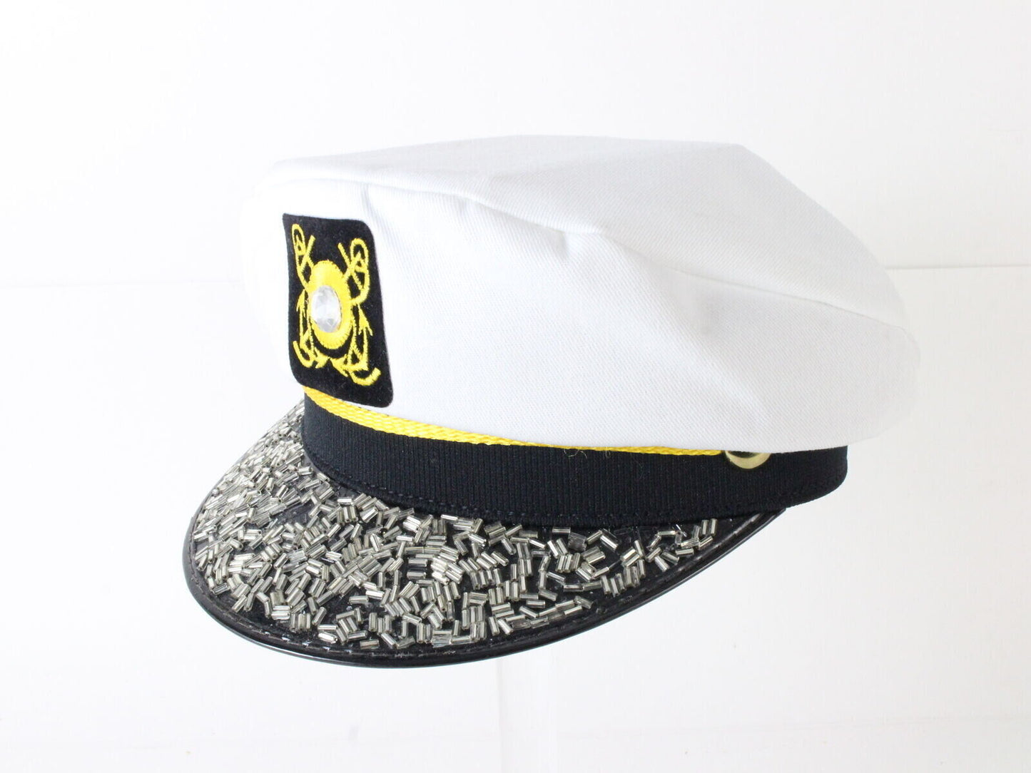 Captains Hat Mens White W/ Silver Beading Adjustable Party Celebration Hat