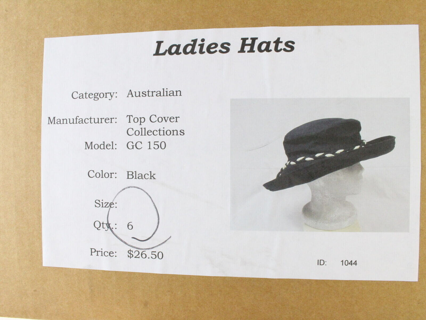 Top Cover Australian Ladies Hat Black Canvas W/ Black White Braid Larger 7 3/8