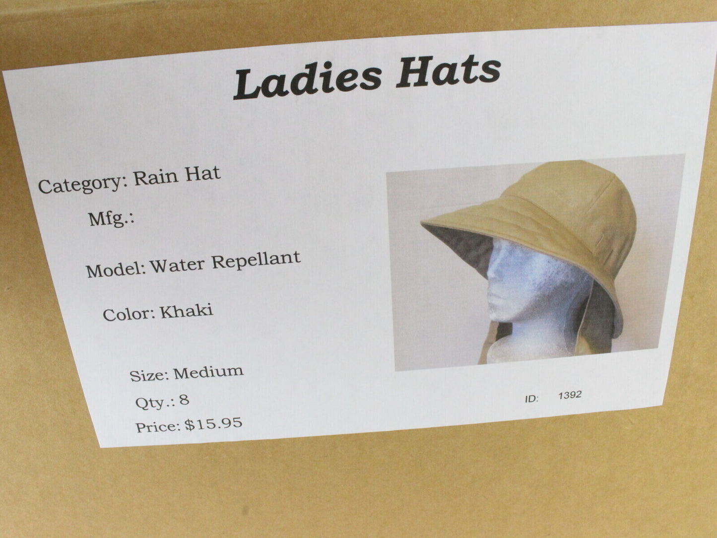 Ladies Water Repellent Rain Hat Khaki w/ Back Hair Guard Size= Medium