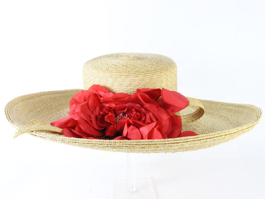 Jack Mcconnell New York Ladies Tan Straw Hat W/flower 6 7/8 55cm