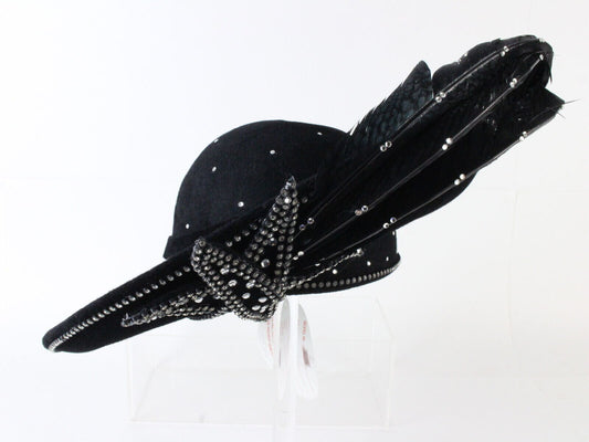 George Zamaul Couture Ladies Hat Black Felt W/ Feather And Rhinestone 7 56cm