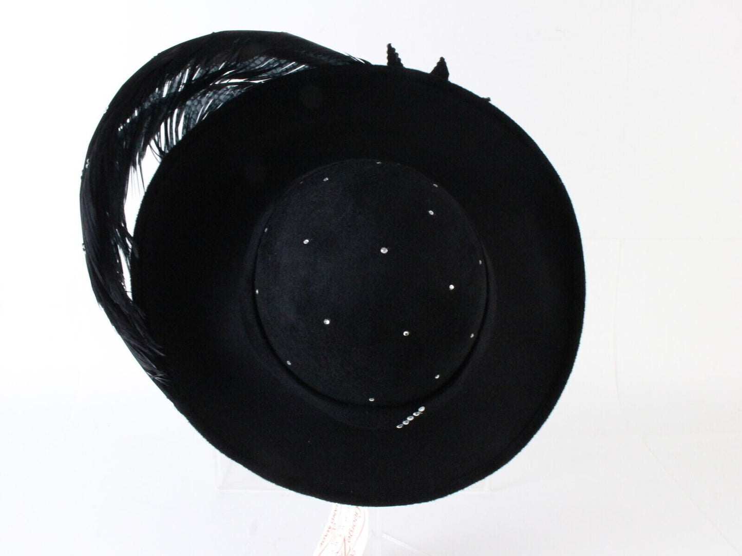 George Zamaul Couture Ladies Hat Black Felt W/ Feather And Rhinestone 7 56cm