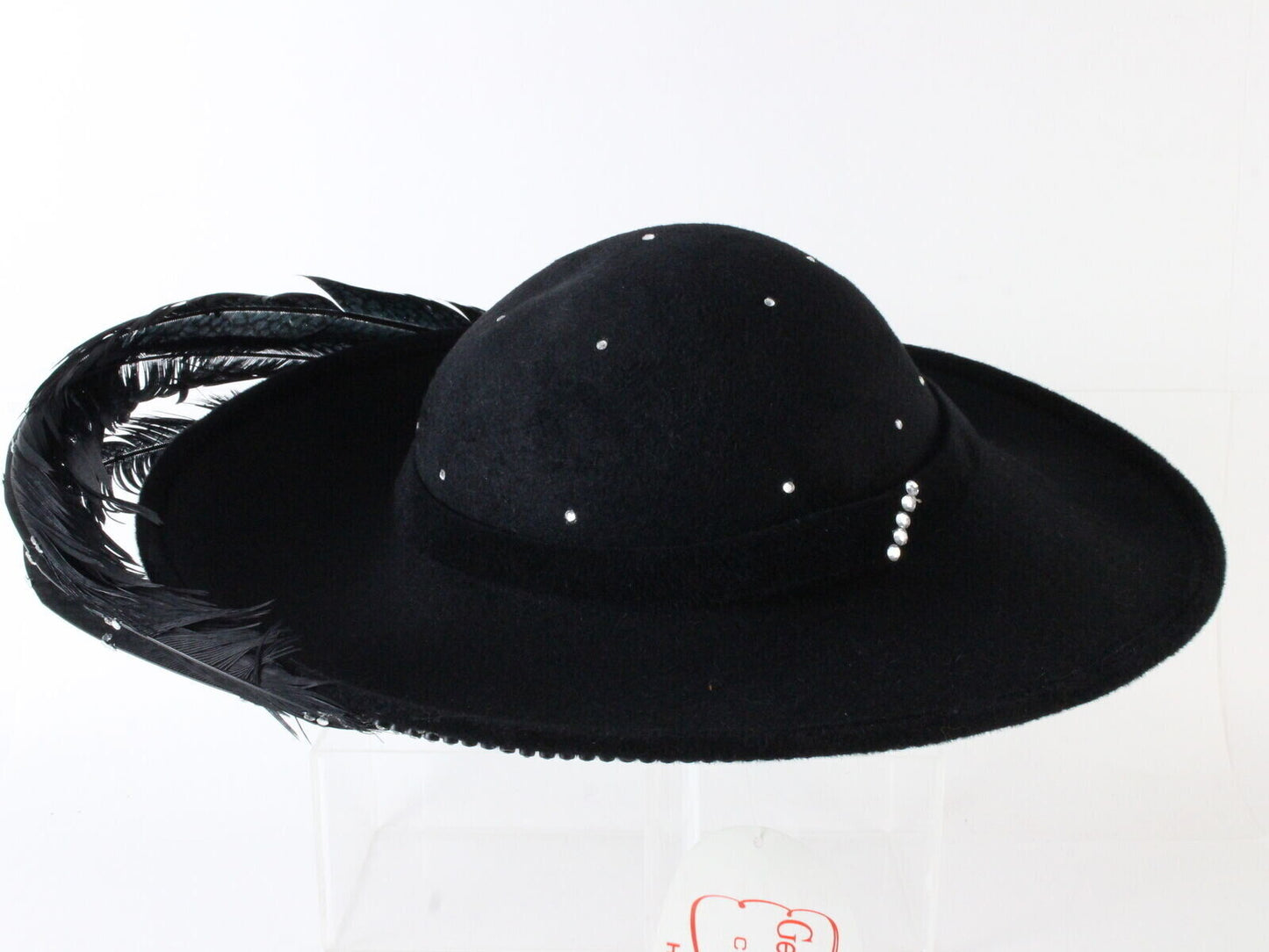 George Zamaul Couture Ladies Hat Black Felt W/ Feather And Rhinestone 7 56cm