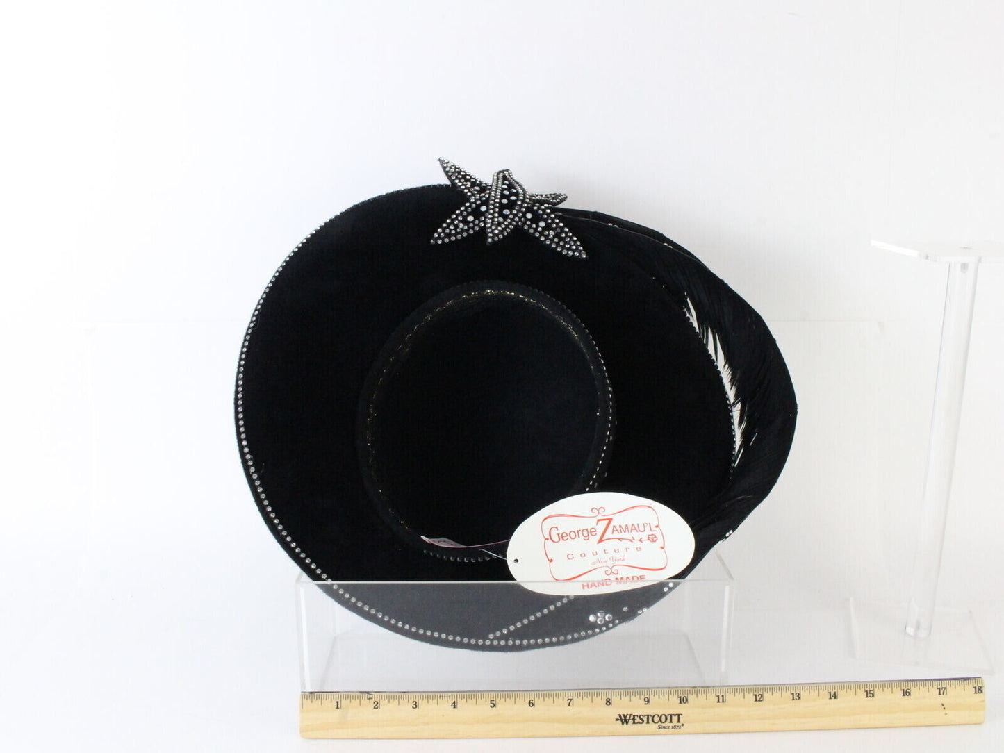 George Zamaul Couture Ladies Hat Black Felt W/ Feather And Rhinestone 7 56cm