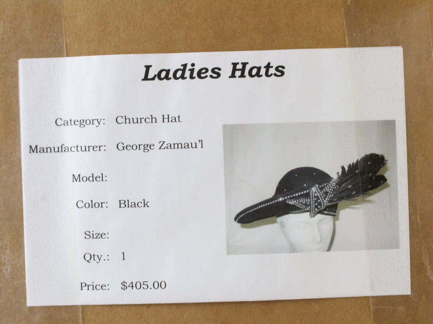 George Zamaul Couture Ladies Hat Black Felt W/ Feather And Rhinestone 7 56cm