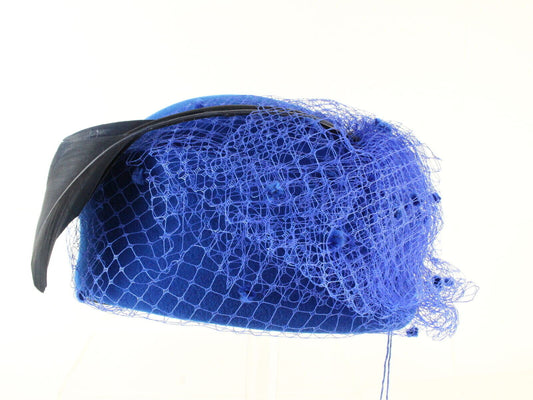 Mr John Boutique Hat Royal Blue Wool Felt W/ Netting Black Feather 6 3/4 54cm