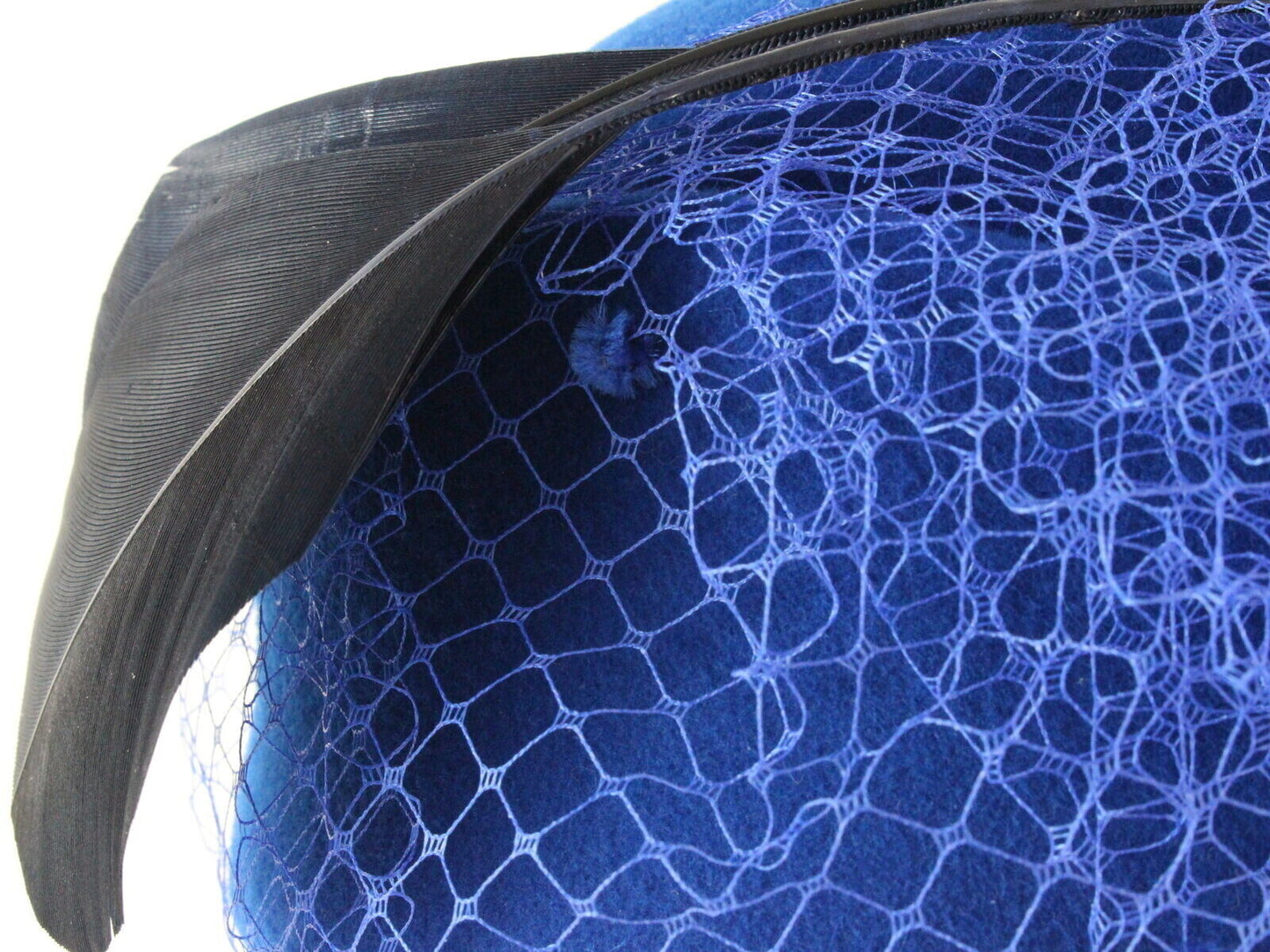 Mr John Boutique Hat Royal Blue Wool Felt W/ Netting Black Feather 6 3/4 54cm