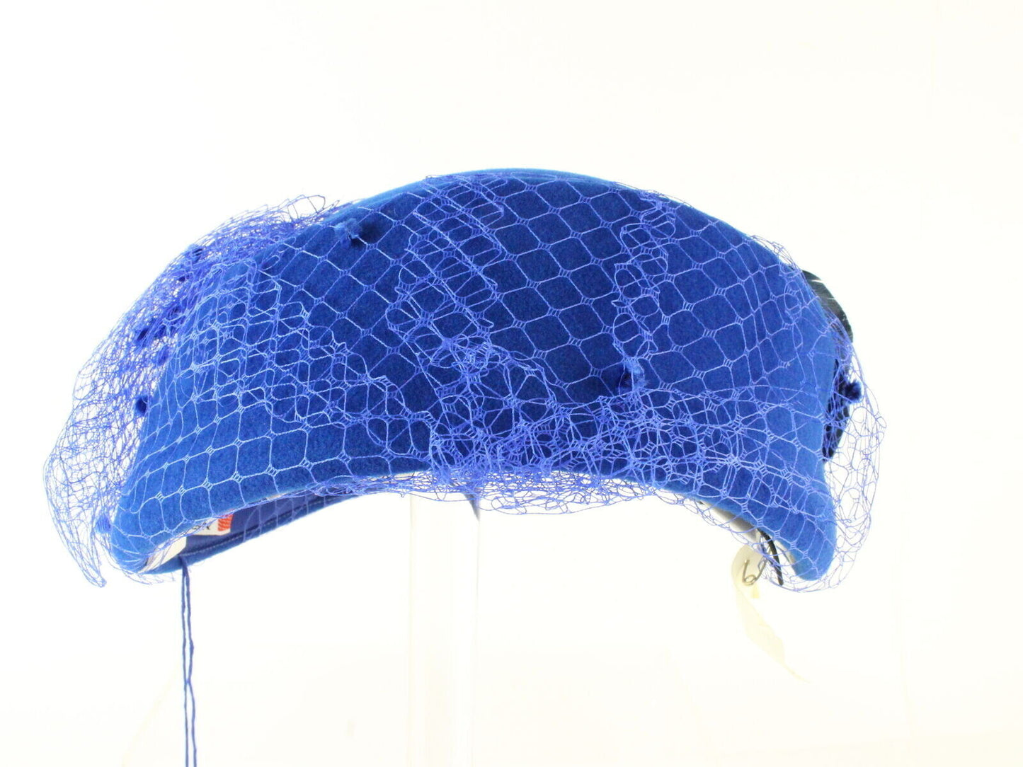 Mr John Boutique Hat Royal Blue Wool Felt W/ Netting Black Feather 6 3/4 54cm