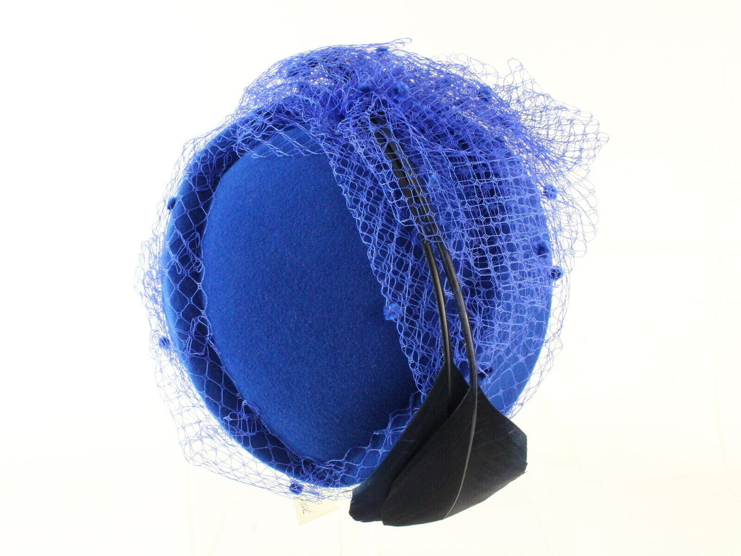 Mr John Boutique Hat Royal Blue Wool Felt W/ Netting Black Feather 6 3/4 54cm