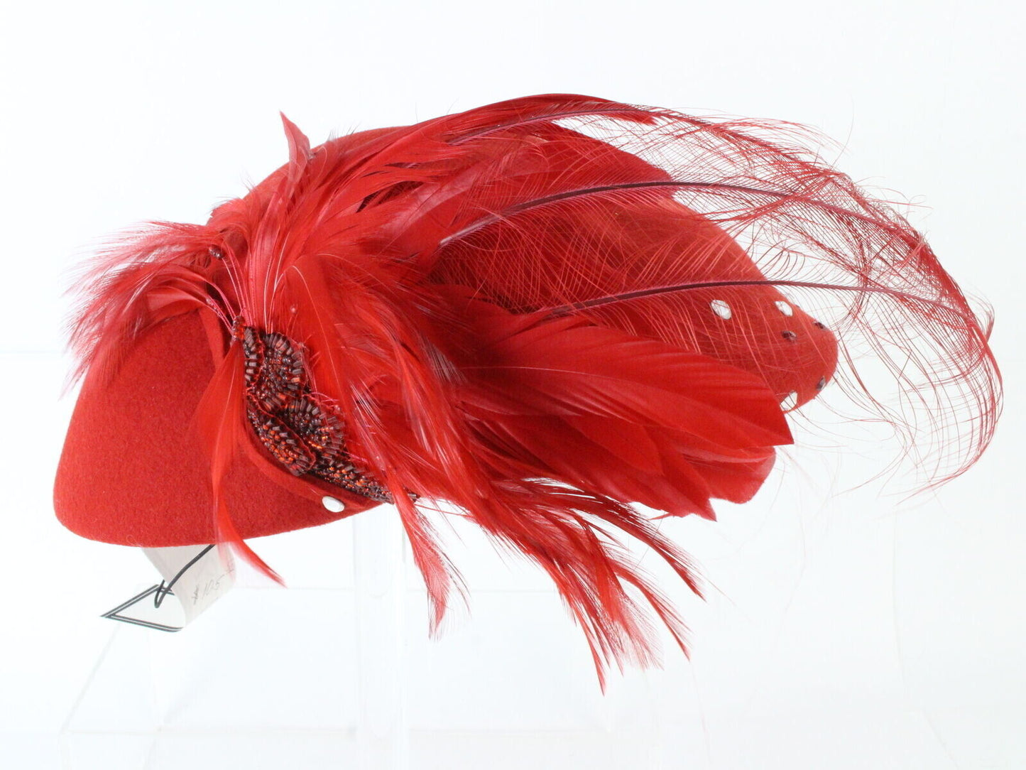 Bellini Originals Ladies Boutique Red Felt Hat W/ Feather Rhinestones 6 7/8 55cm