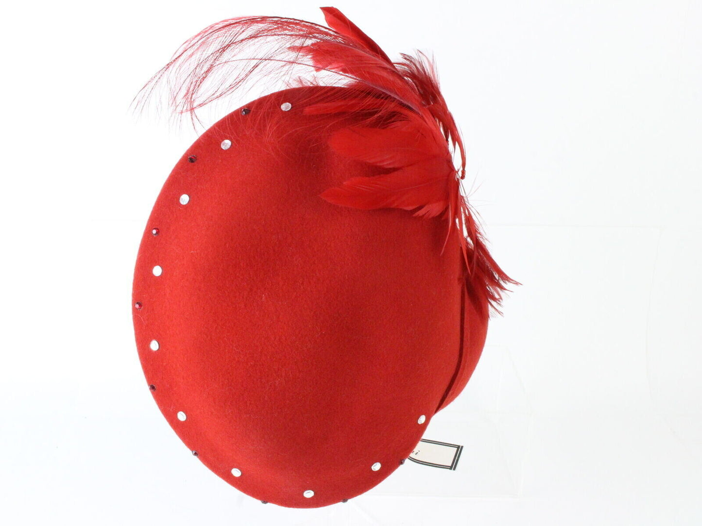 Bellini Originals Ladies Boutique Red Felt Hat W/ Feather Rhinestones 6 7/8 55cm