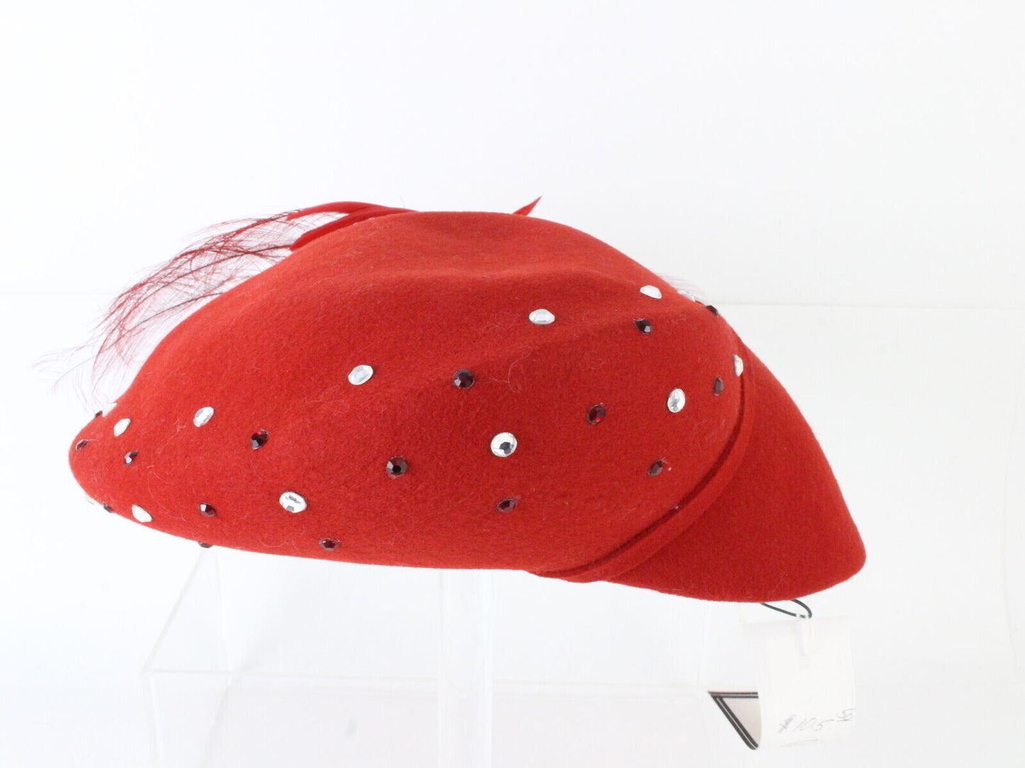 Bellini Originals Ladies Boutique Red Felt Hat W/ Feather Rhinestones 6 7/8 55cm