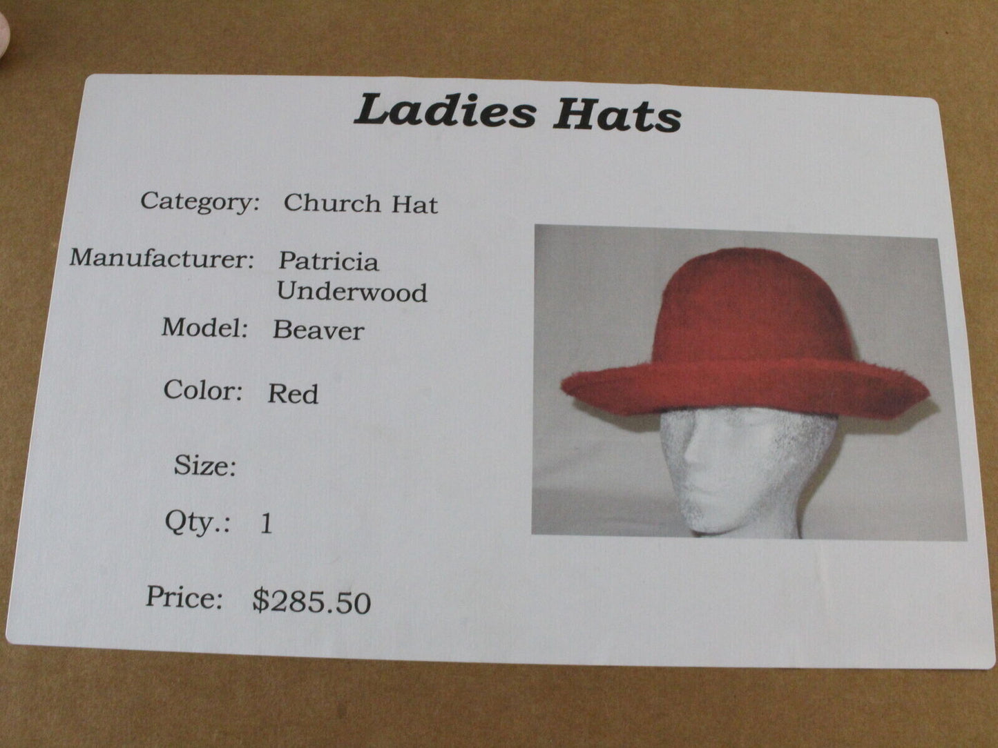 Patricia Underwood Vintage Ladies Hat Boutique Red Felt 7 1/8 57cm