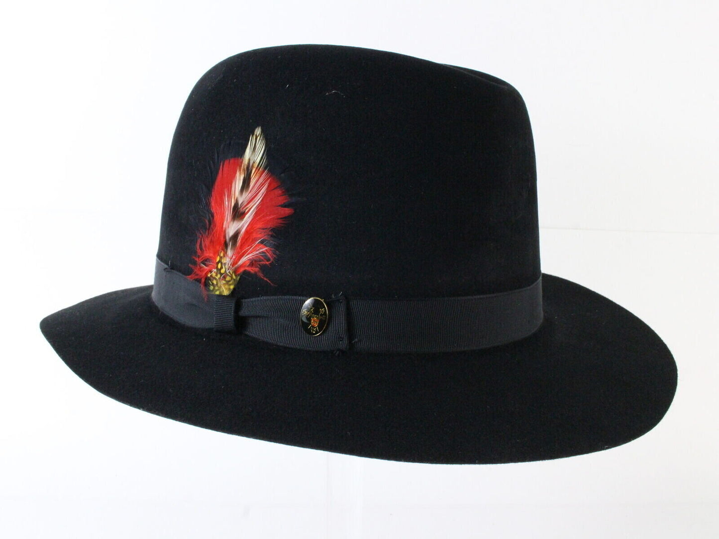 Churchill Ltd Mens Black Felt Fedora W/ Feathers And Pin MULTIPLE SIZES