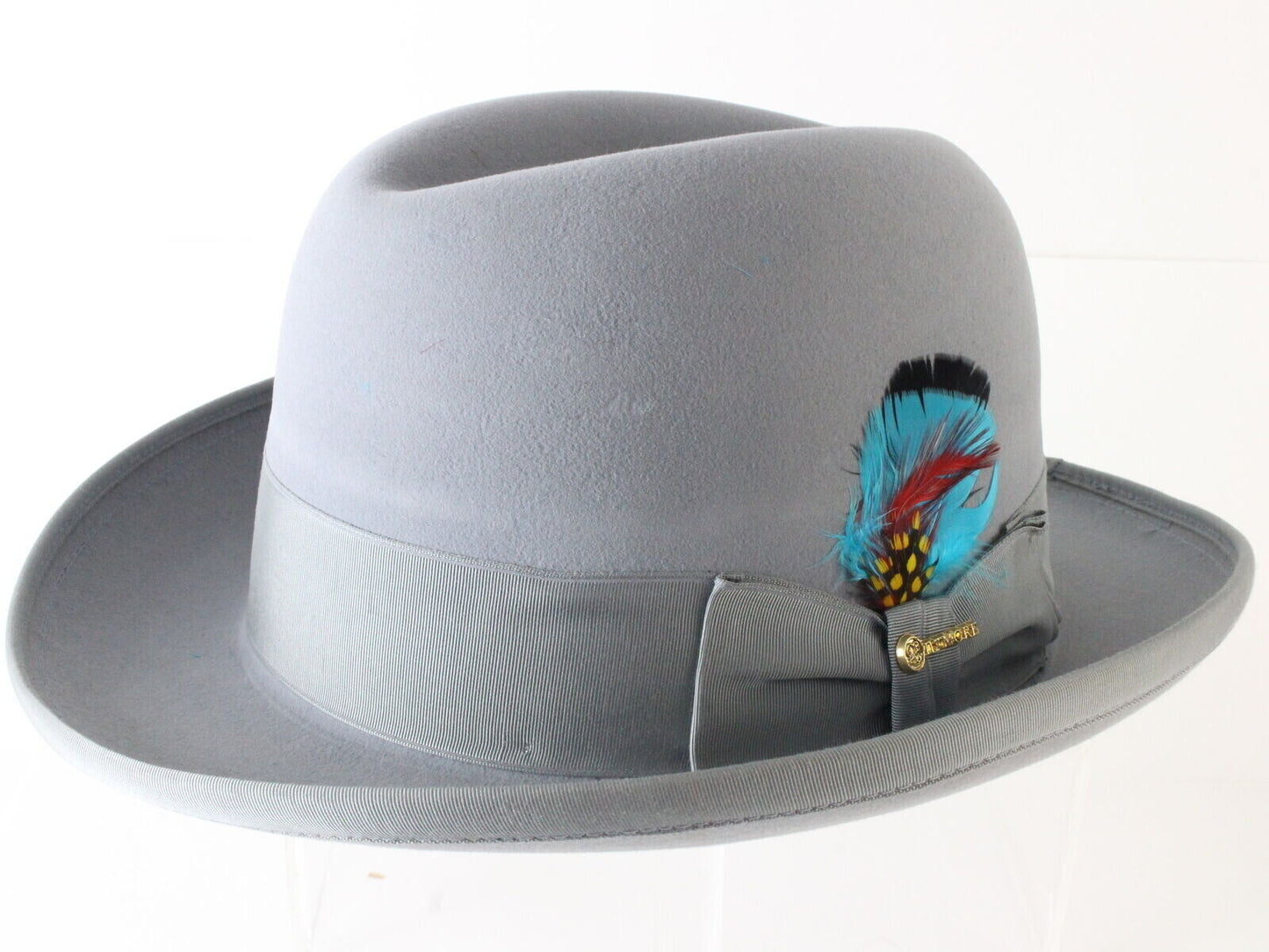 Biltmore Imperial Mens Pearl Gray Felt Homburg W/ Blue Feather 7 3/4 62cm