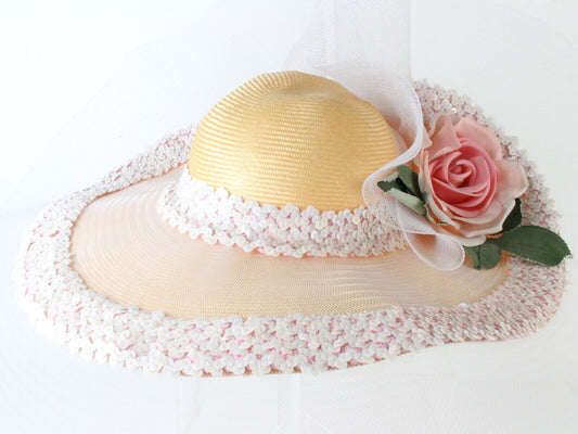 Chapeau Creations Ladies Boutique Pink Straw Hat W/ Sequins Flower 6 7/8 55cm