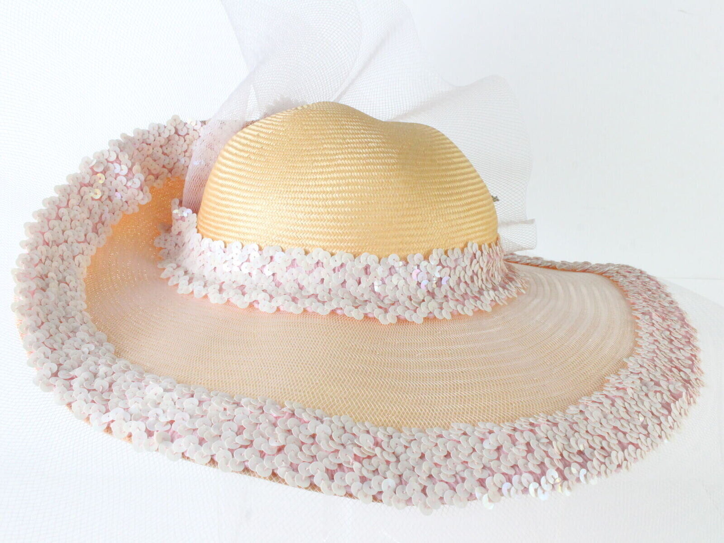 Chapeau Creations Ladies Boutique Pink Straw Hat W/ Sequins Flower 6 7/8 55cm