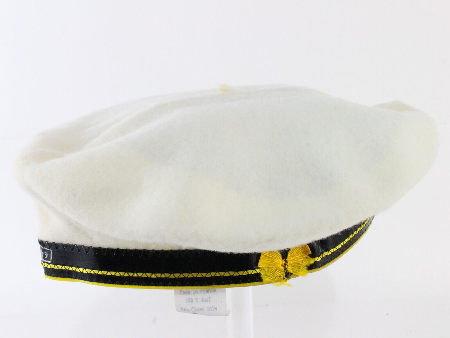 Basque Mens White Wool French Beret W/ Black And Yellow Band MULTIPLE SIZES