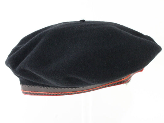 Super Basque Black Wool French Beret W/ Black And Red Band 6 7/8 55cm