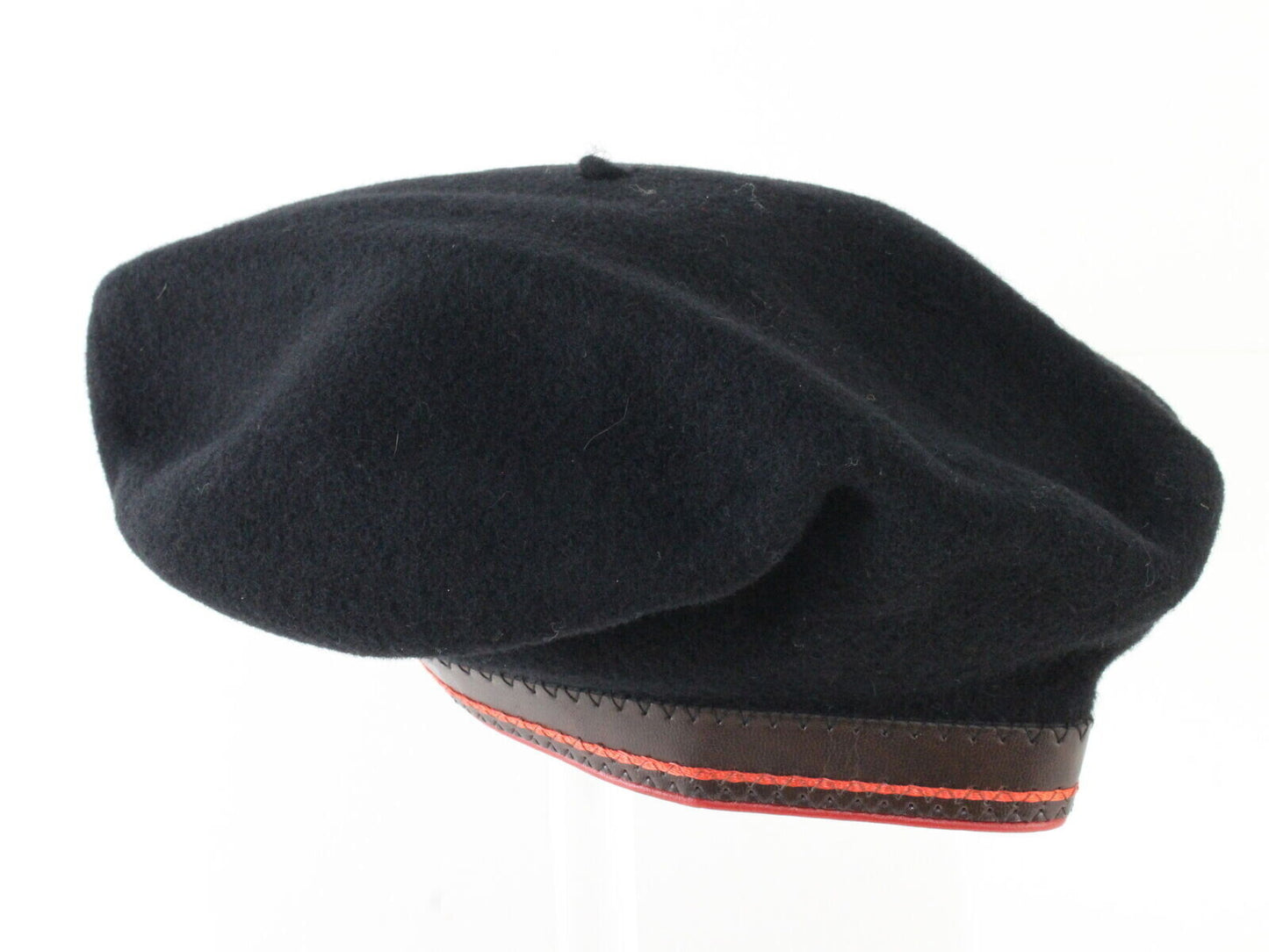 Super Basque Black Wool French Beret W/ Black And Red Band 6 7/8 55cm