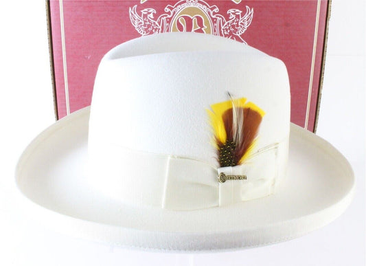 Biltmore Imperial Mens Eggshell White Felt Homburg W/ Yellow Feathers 7 56cm