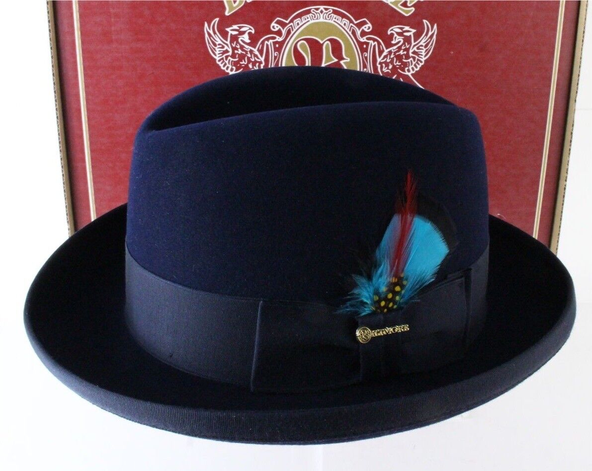 Biltmore Imperial Mens Navy Blue Felt Homburg W/ Blue Feather 7 56cm