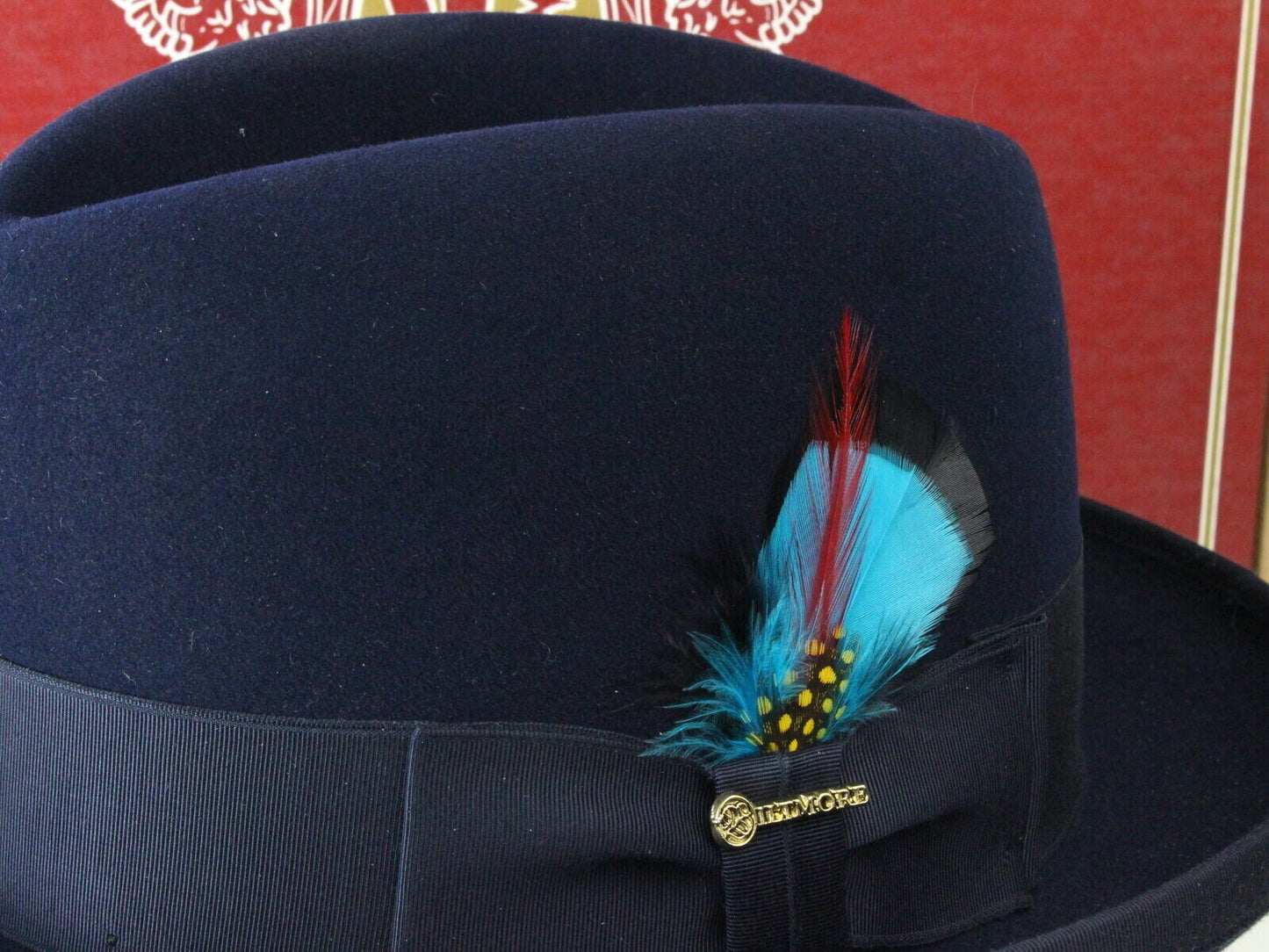 Biltmore Imperial Mens Navy Blue Felt Homburg W/ Blue Feather 7 56cm