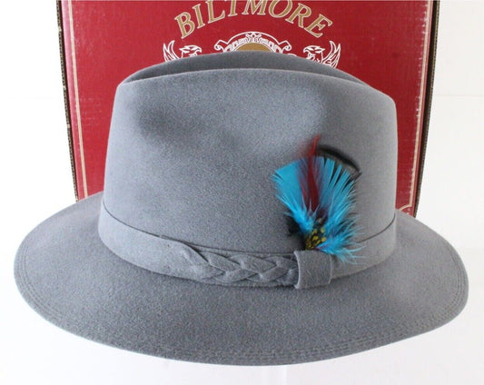 Biltmore TOP HATTERS Sterling Gray Felt Fedora W/ Blue Black Feathers 7 1/8 57cm