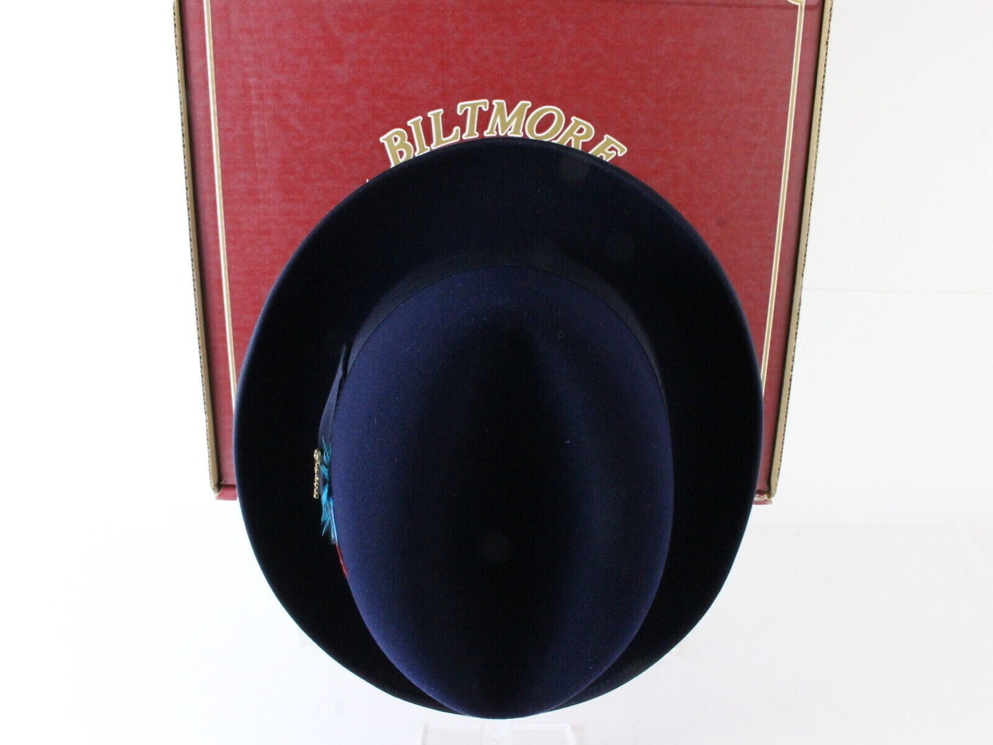 Biltmore Imperial Mens Navy Blue Felt Homburg W/ Blue Feather 7 56cm