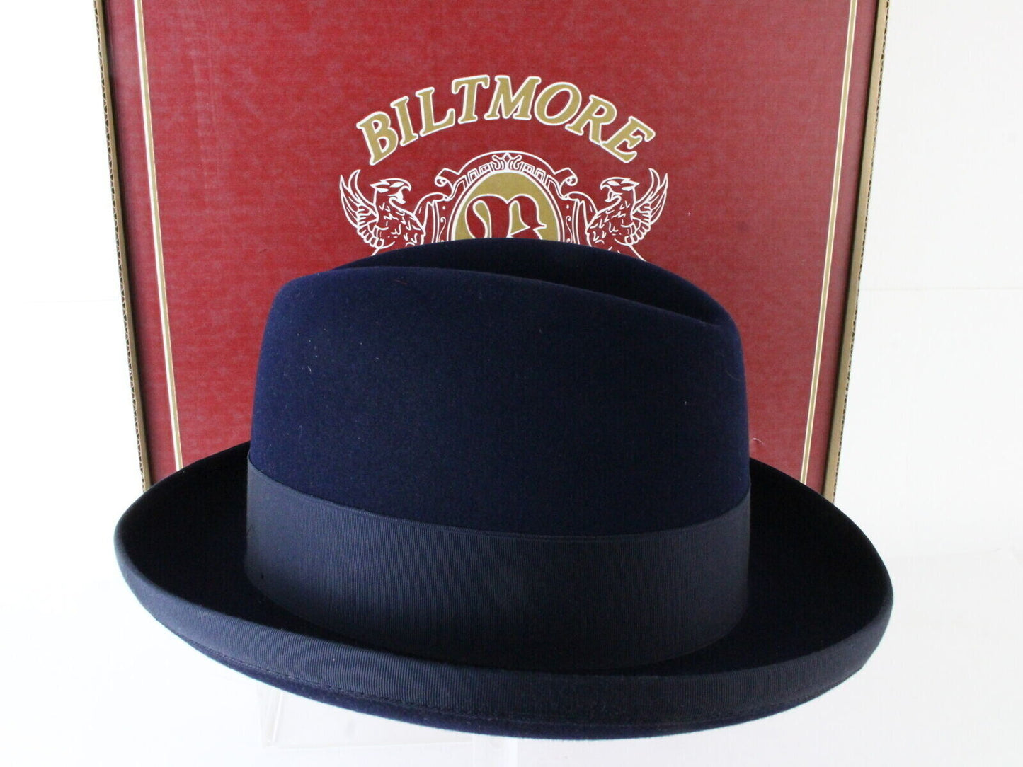 Biltmore Imperial Mens Navy Blue Felt Homburg W/ Blue Feather 7 56cm