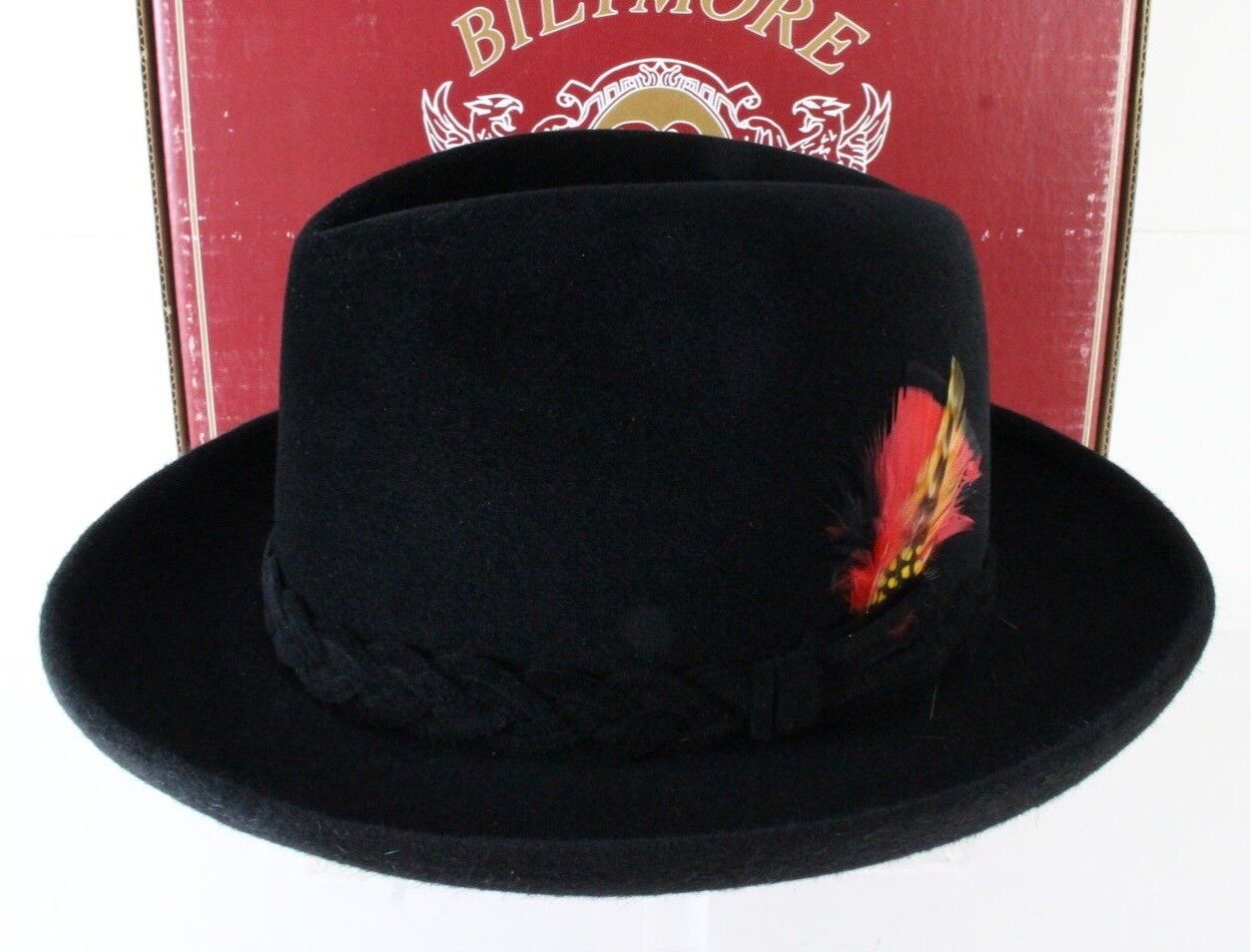 Biltmore Golden Pheasant Velour Mens Black Felt Homburg + Feather 6 3/4 54cm