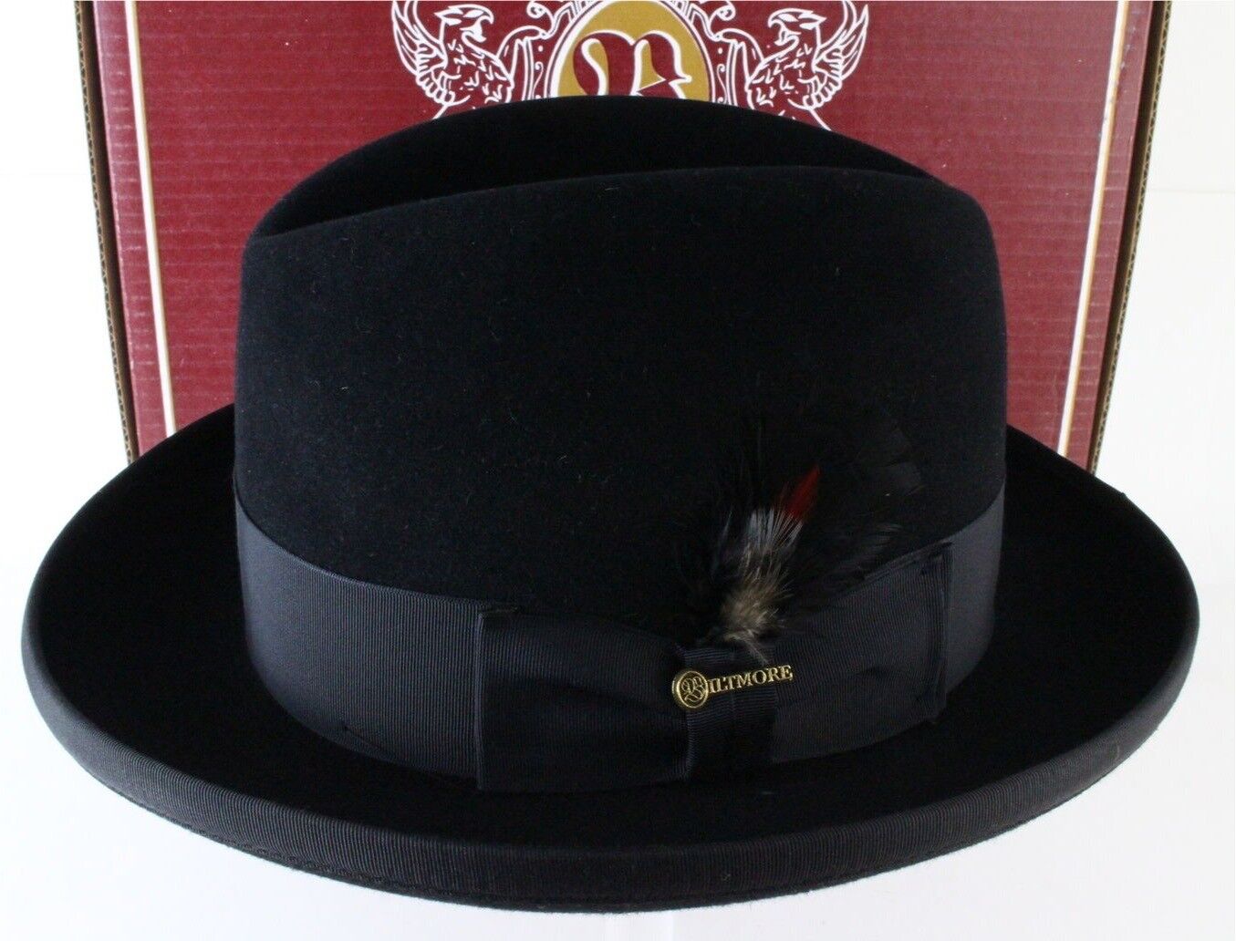 Biltmore Imperial Mens Black Felt Homburg W/ Black Feather 6 3/4 54cm