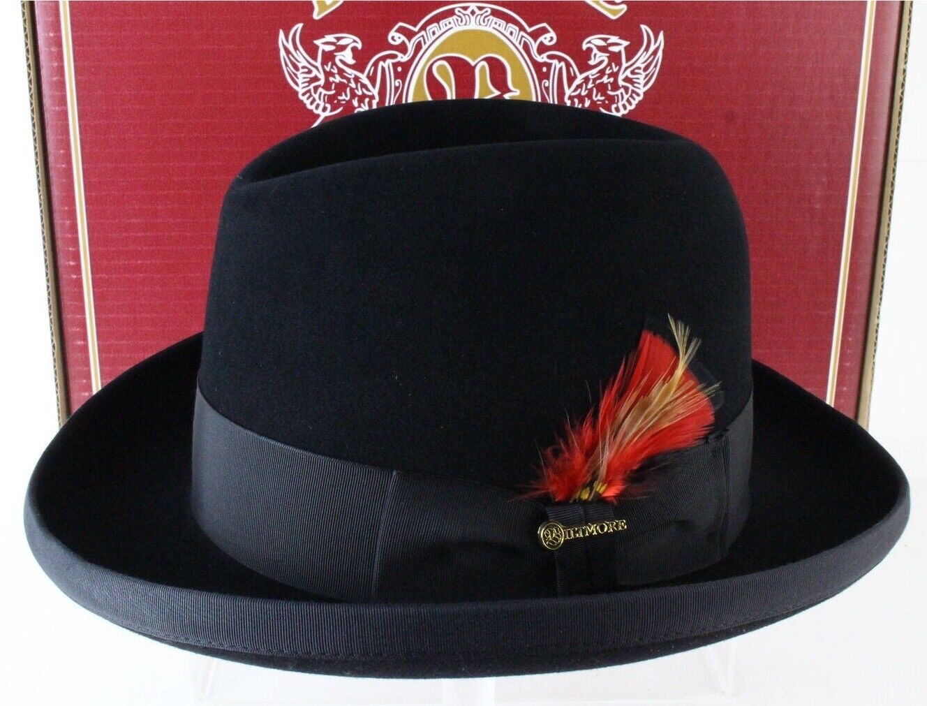 Biltmore Imperial Made in Canada Mens Black Felt Homburg W/ Feathers 6 5/8 53cm