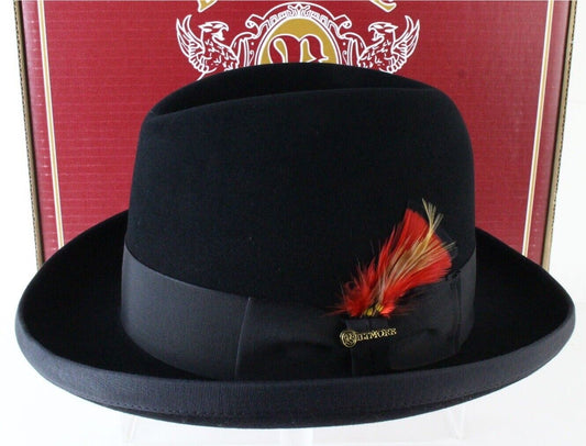 Biltmore Imperial Made in Canada Mens Black Felt Homburg W/ Feathers 6 5/8 53cm