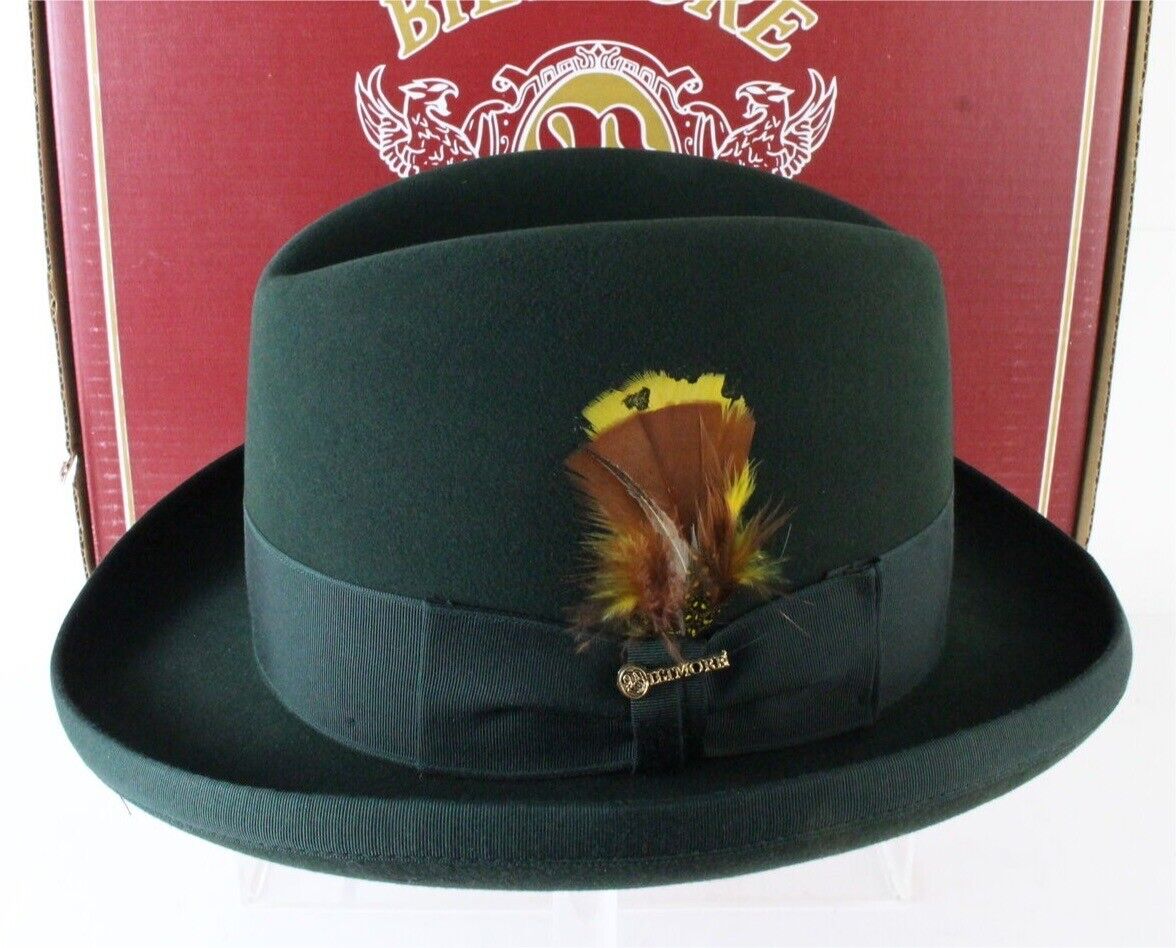 Biltmore Imperial Mens Lush Green Felt Homburg W/ Feathers 6 3/4 54cm