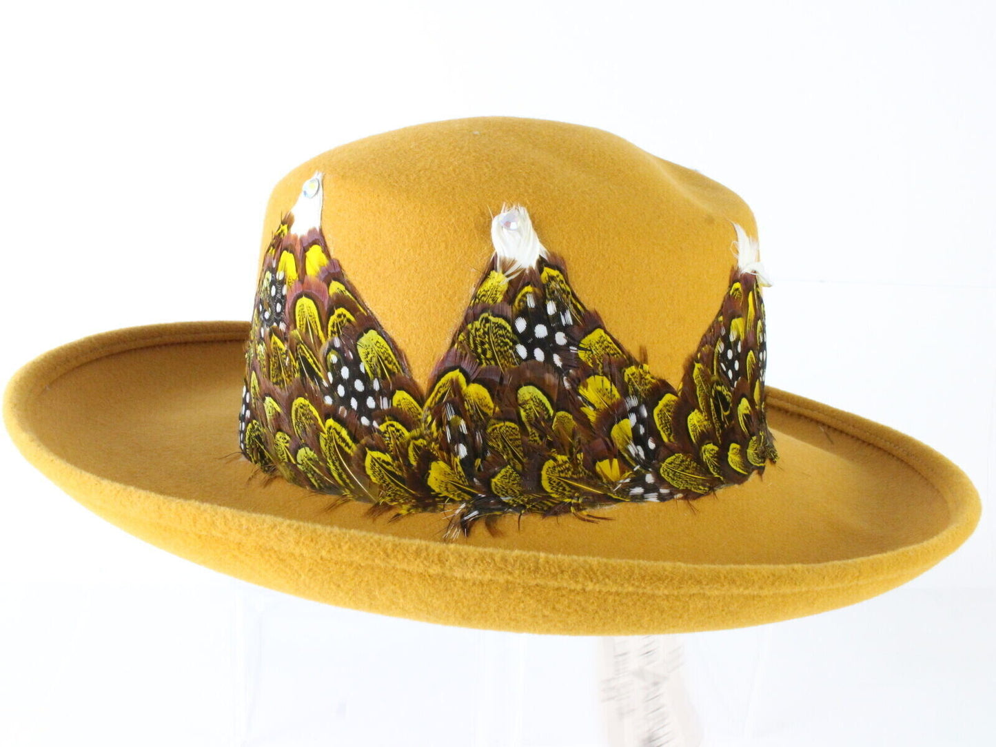 George Z'amaul Couture Ladies Gold Felt Hat W/ Feathers & Rhinestones 7 1/8 57cm