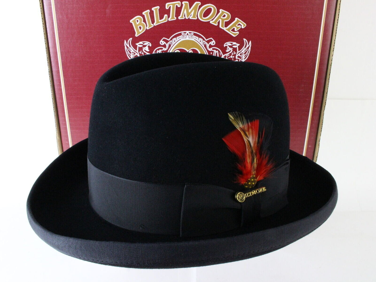 Biltmore Imperial Top Hatters Mens Black Felt Homburg W/ Feather 6 3/4 54cm