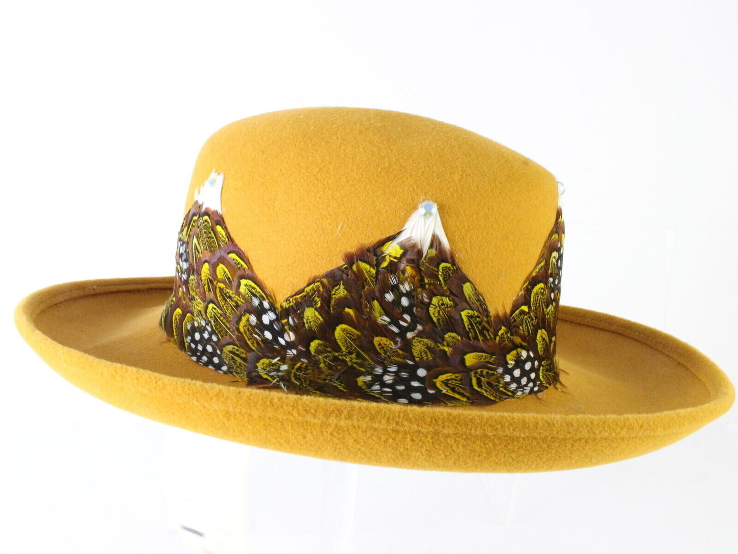 George Z'amaul Couture Ladies Gold Felt Hat W/ Feathers & Rhinestones 7 1/8 57cm