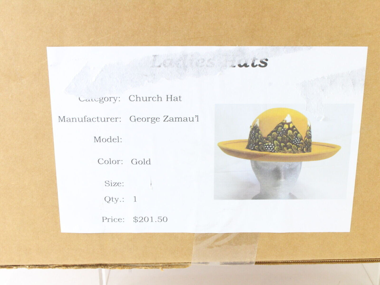 George Z'amaul Couture Ladies Gold Felt Hat W/ Feathers & Rhinestones 7 1/8 57cm