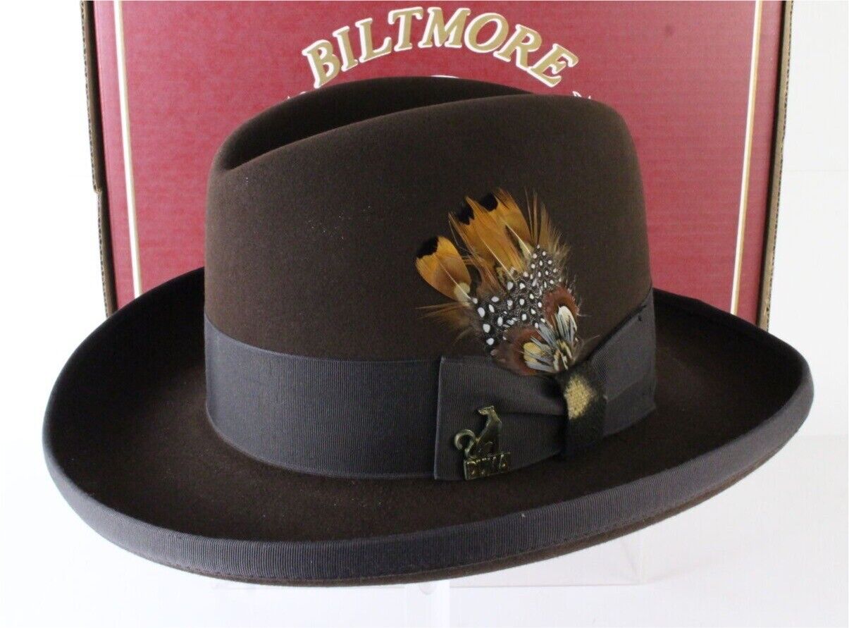 Biltmore CANADA Duma Heritage Chocolate Brown Felt Homburg W/ Feather 6 7/8 55cm