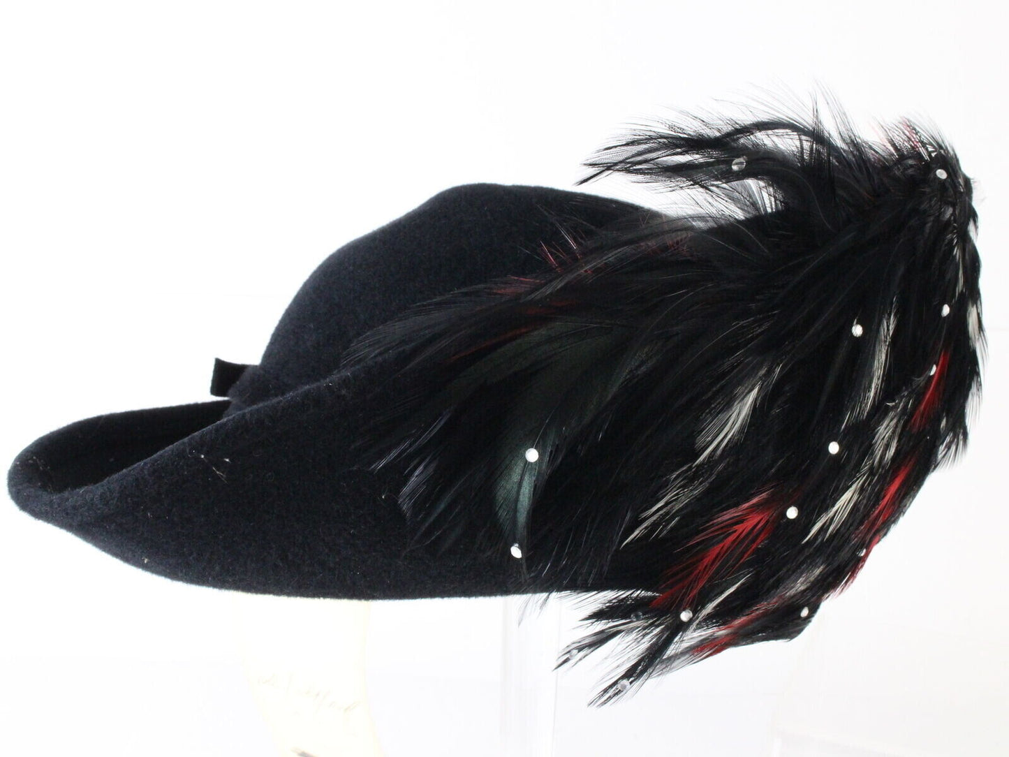 George Zamaul Couture Boutique Black Felt Hat W/ Feathers And Rhinestones 7 56cm