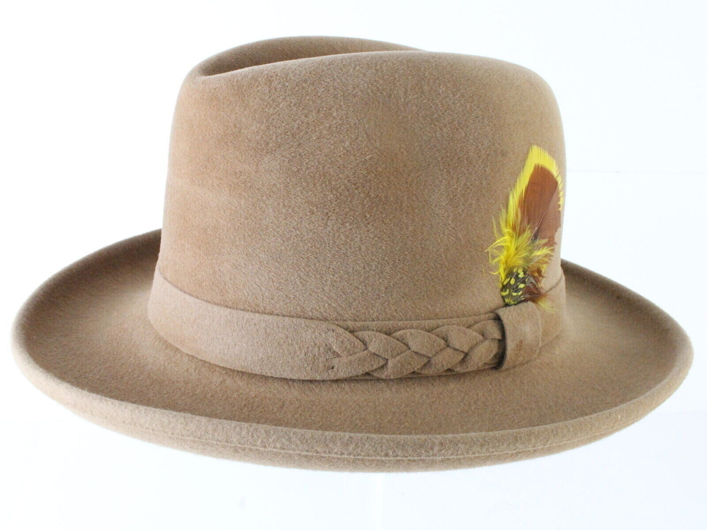 Golden Pheasant Top Hatters Mens Pecan Tan Homburg W/ Feather 6 3/4 54cm