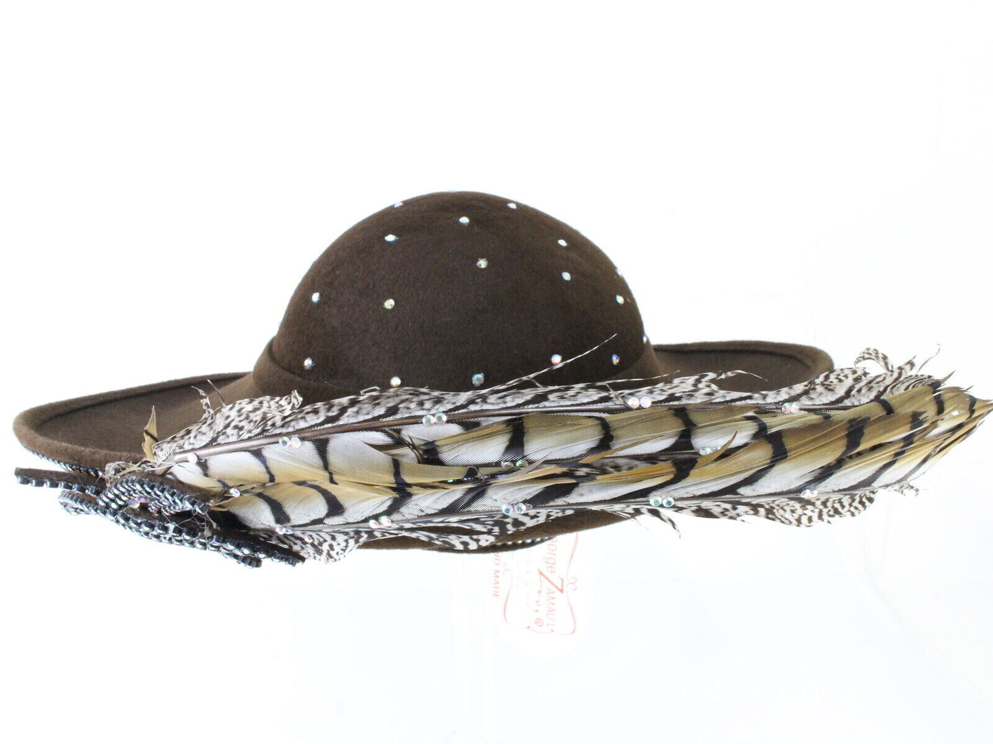 George Zamaul Couture Ladies Cartwheel Brown Felt Hat W/ Rhinestones Feathers